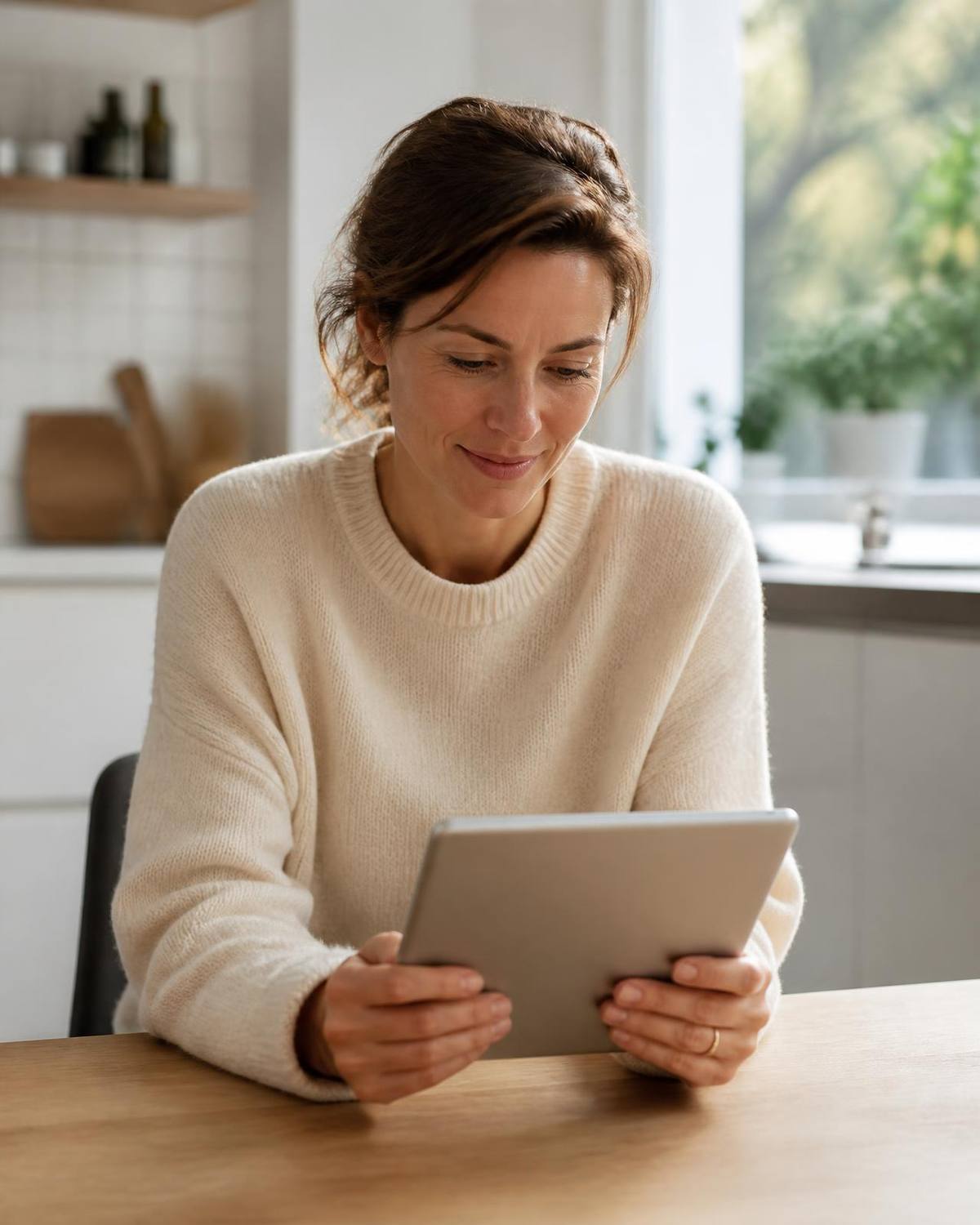 Vrouw vraagt thuis op haar tablet een offerte aan voor een loodgieter