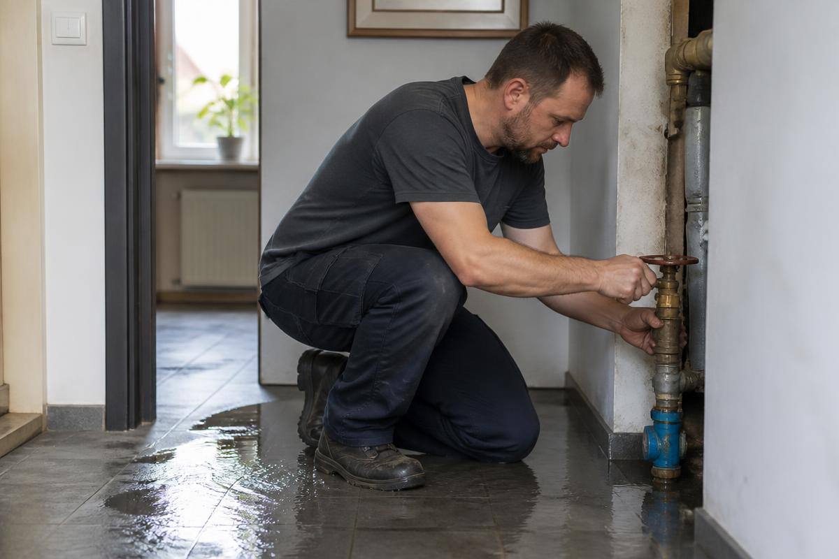 Loodgieter die de hoofdkraan dichtdraait bij een waterlek