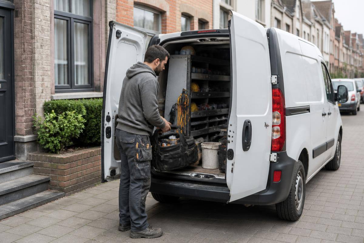 Vakman die gereedschap uit zijn bestelwagen neemt in een woonstraat
